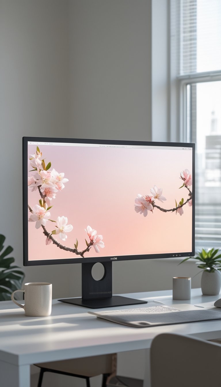 A clean and organized office workspace with a computer screen showing a soft peach blossom gradient background and natural light coming through a window.