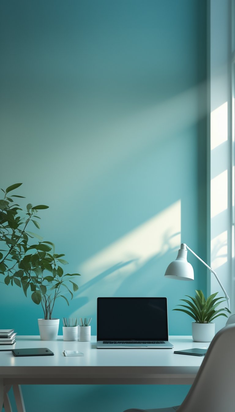A modern office desk with a laptop, desk lamp, and plant in front of a smooth gradient wall transitioning from deep teal to soft aqua.