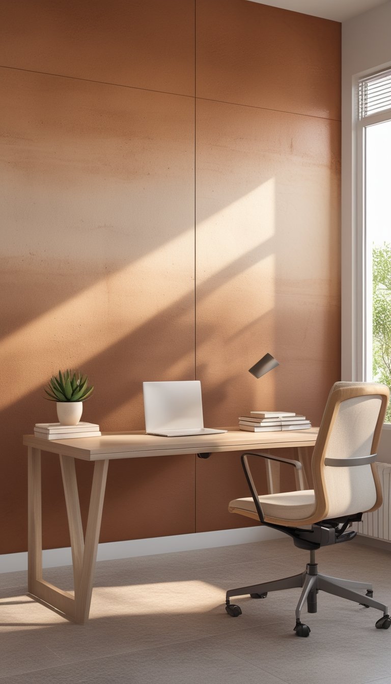 A modern office workspace with a wooden desk, ergonomic chair, laptop, plant, and a large wall panel displaying a smooth gradient from clay tones to beige.