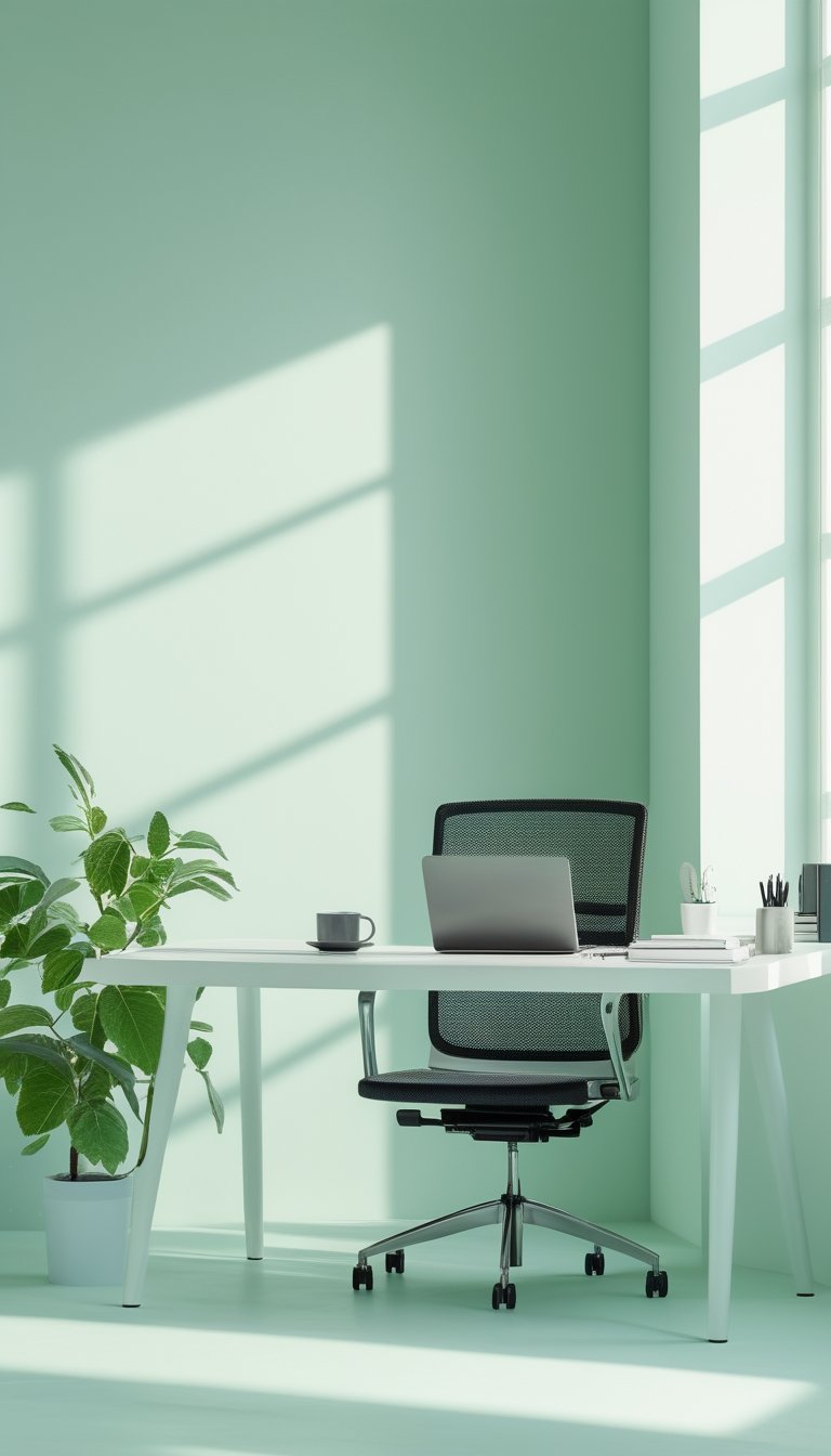 A modern office desk with a laptop, plant, and office supplies against a pale mint to chalk white gradient background.
