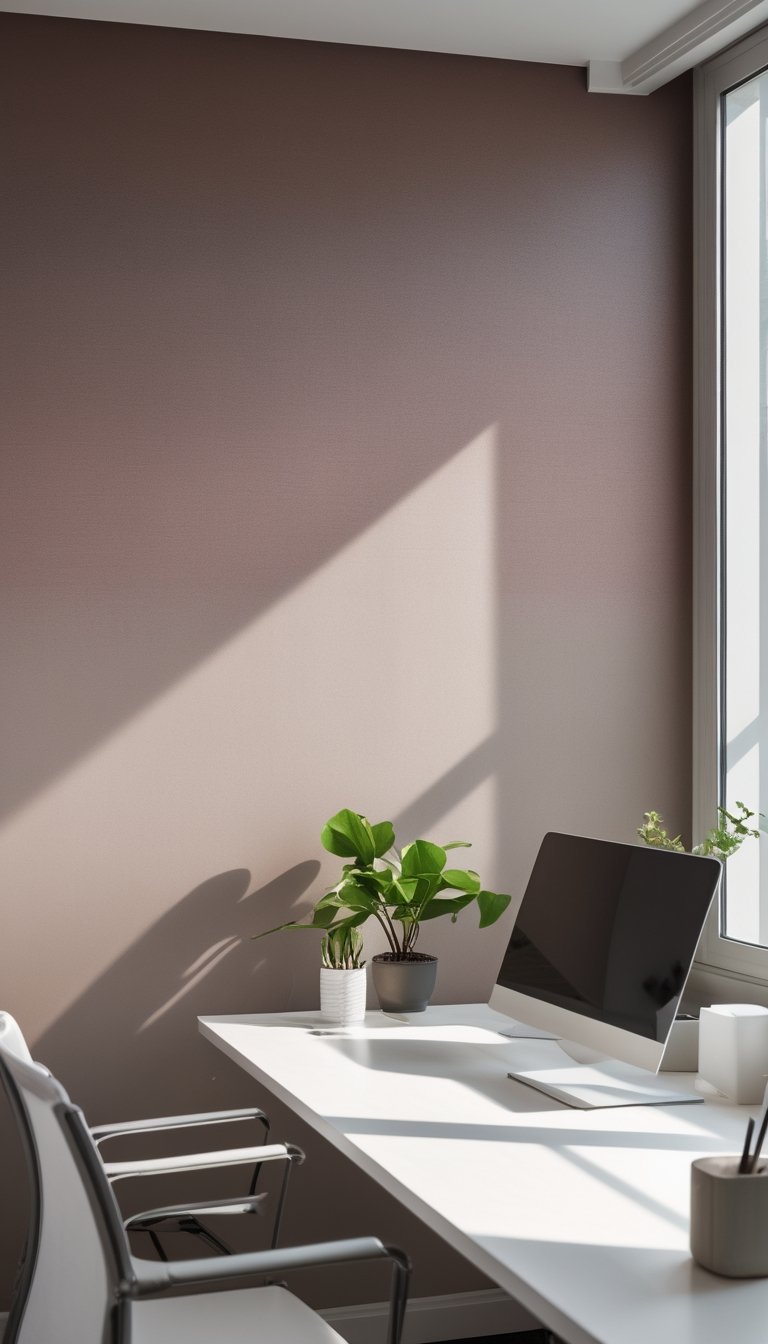 A modern office workspace with a desk, laptop, plant, and a wall featuring a smooth dusky rose to taupe gradient wallpaper.