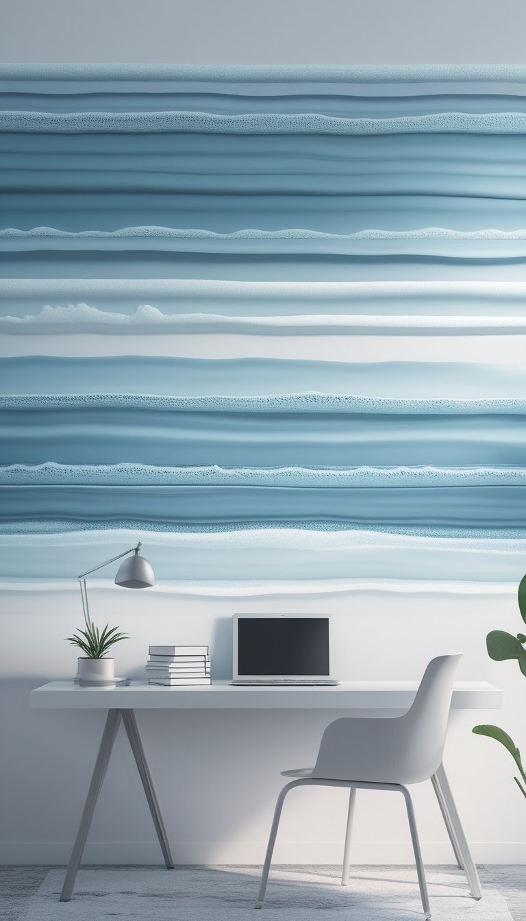 A clean office desk with a laptop, a small plant, and notebooks against a blue and white gradient background resembling ocean foam.