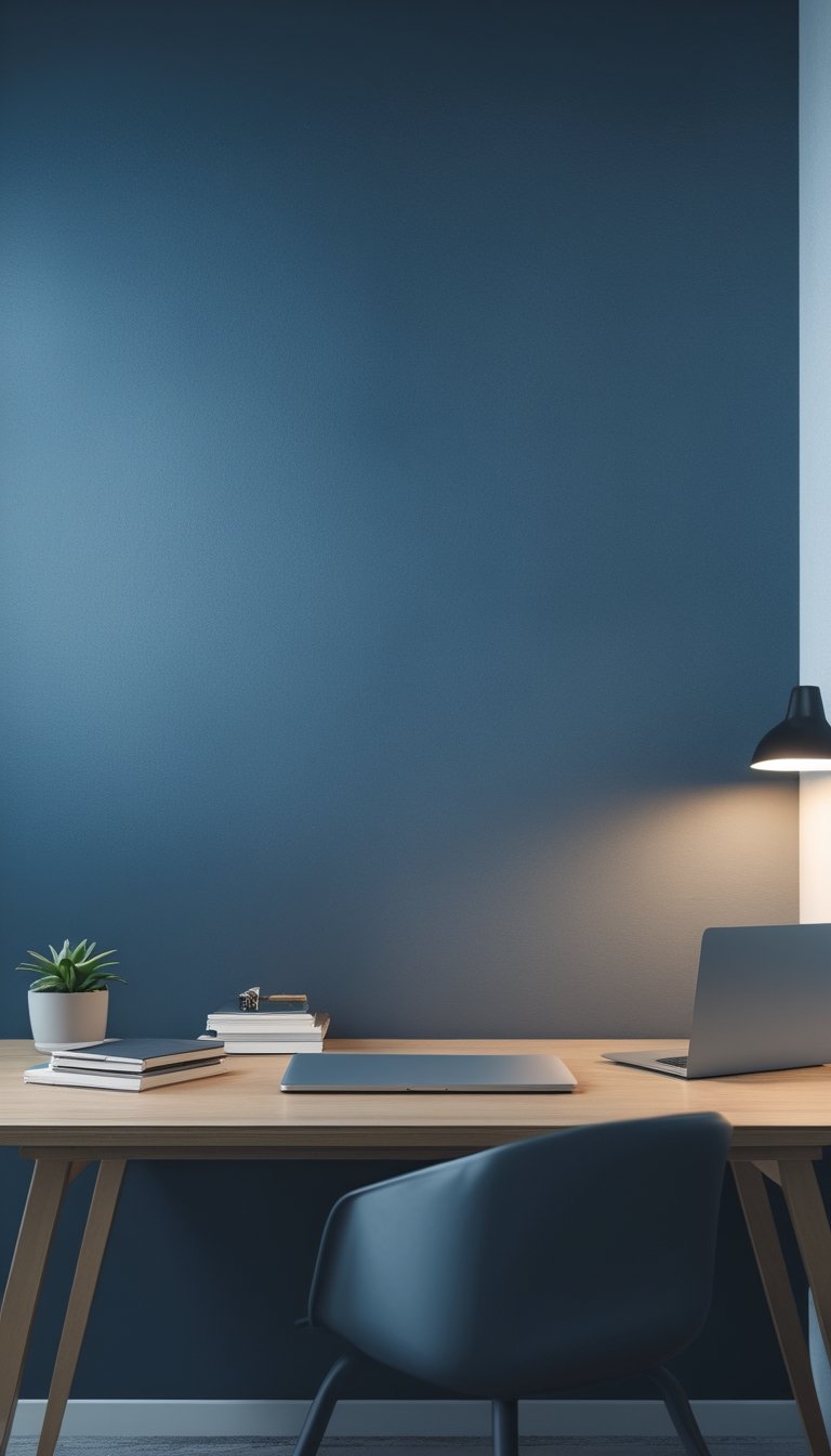 A modern office workspace with a wooden desk, laptop, succulent plant, and soft natural light against a smoky indigo to slate gradient wall.