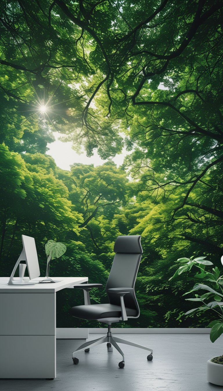 An office with a large wall mural showing a green forest canopy with sunlight shining through the leaves.