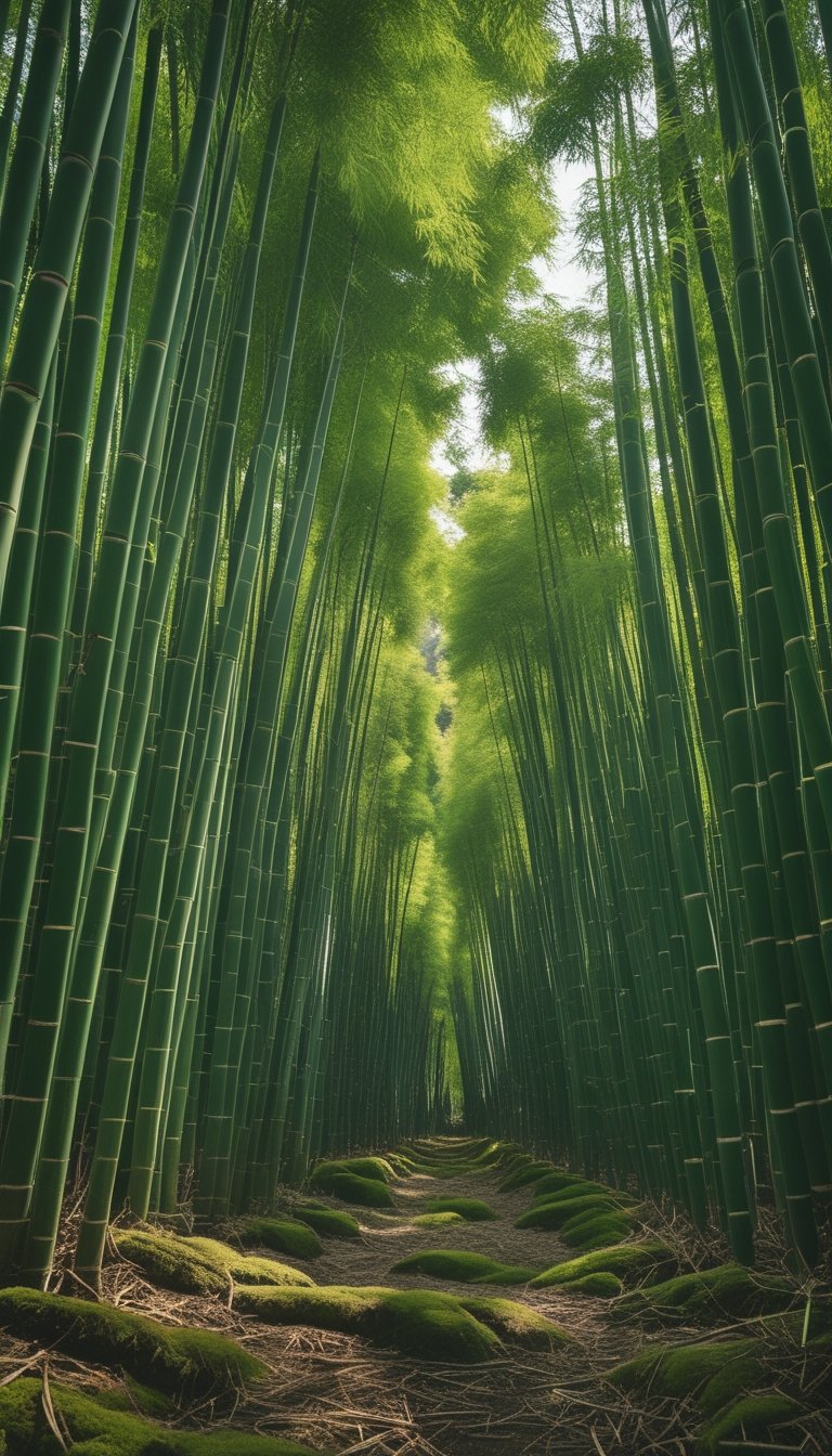 A peaceful Japanese bamboo grove with tall green bamboo stalks and soft sunlight filtering through the leaves.