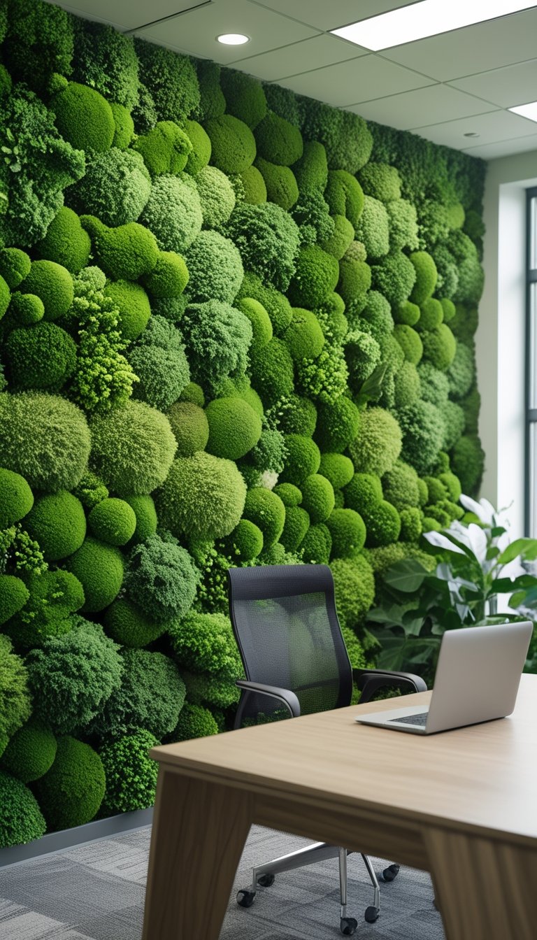 An office interior with a wall covered in green moss texture wallpaper, a wooden desk, chair, and natural light coming through windows.
