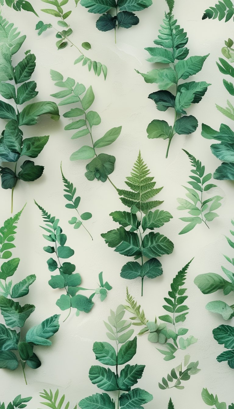 Seamless wallpaper pattern of green fern leaves arranged evenly on a neutral background.