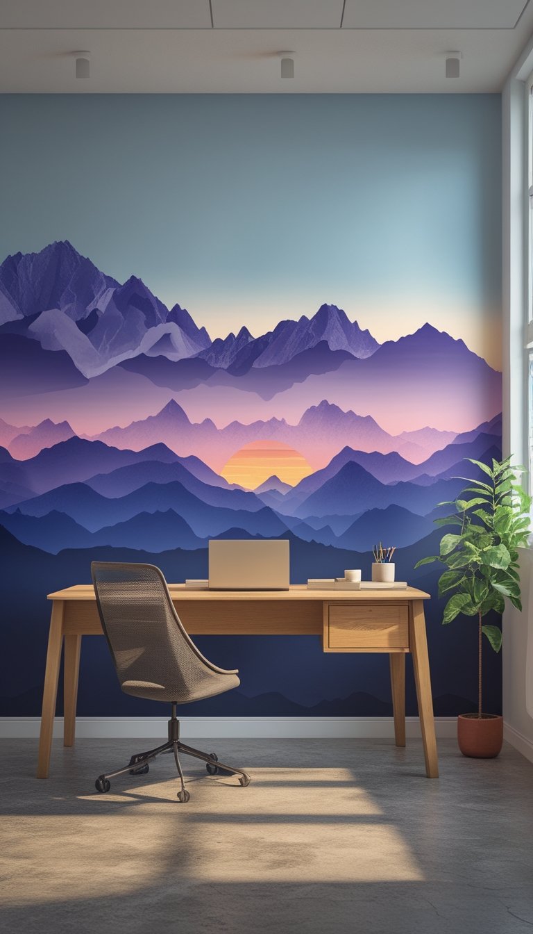 An office interior with a large mountain range silhouette mural on the wall, showing layered mountains against a colorful sunset sky.
