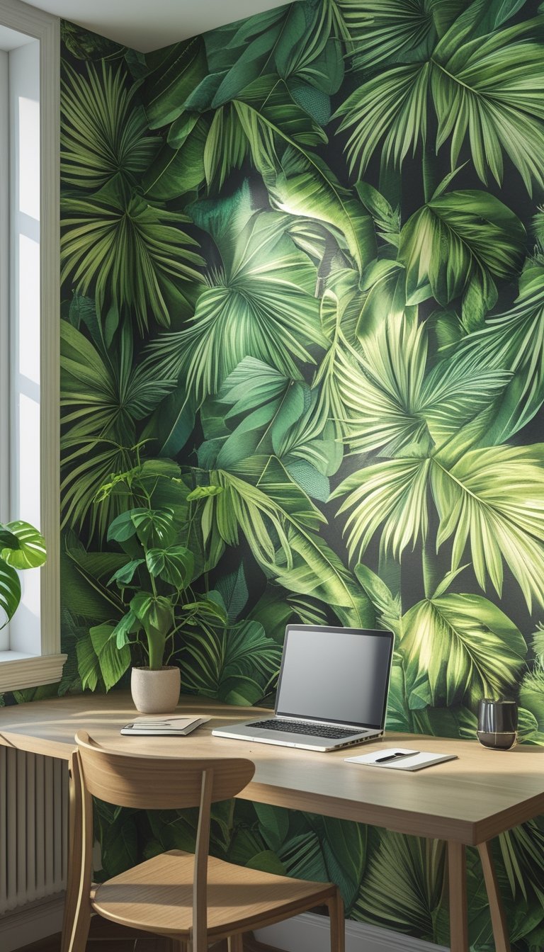 Modern office with a wall covered in green tropical palm leaf wallpaper, a wooden desk with a laptop and a potted plant, illuminated by natural light.
