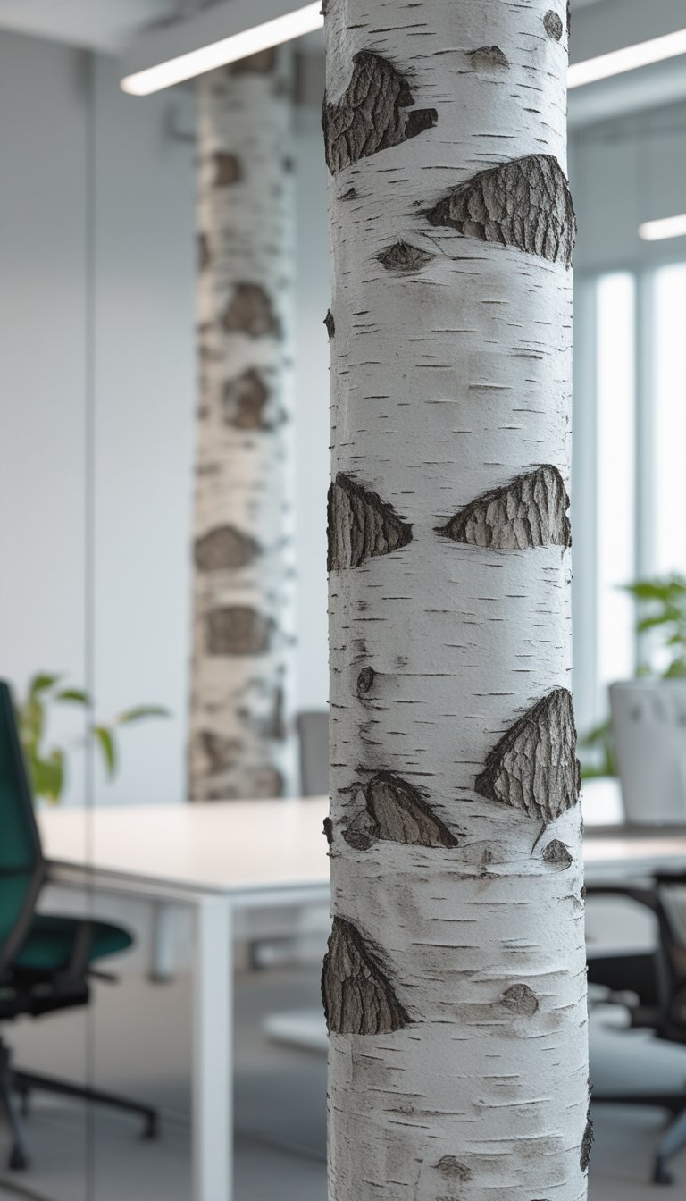 Close-up of birch tree trunk wallpaper covering a wall in a bright modern office with a desk and plants.