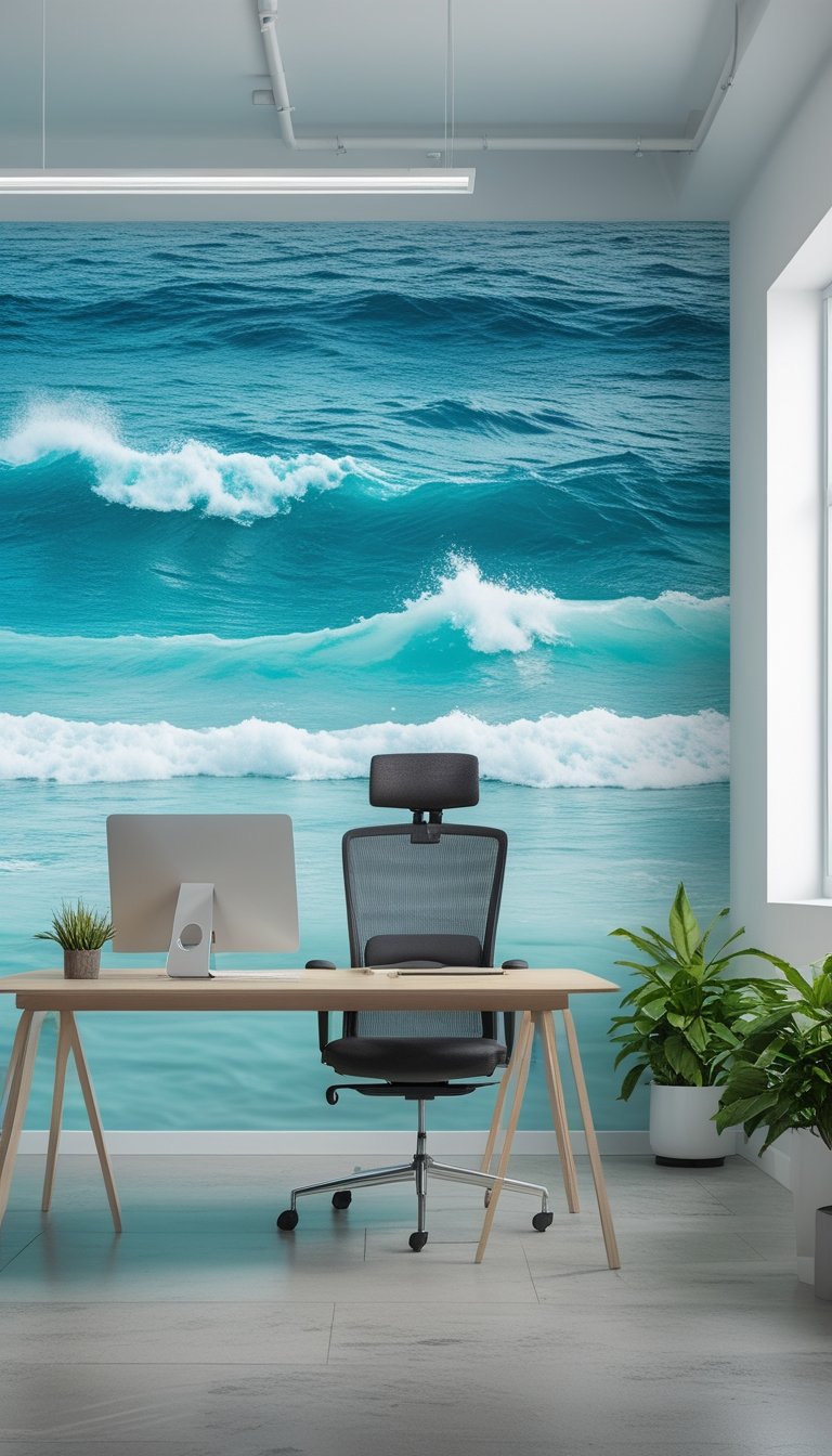Modern office interior with a large wall mural of ocean waves in blue and turquoise colors behind a desk and chair.
