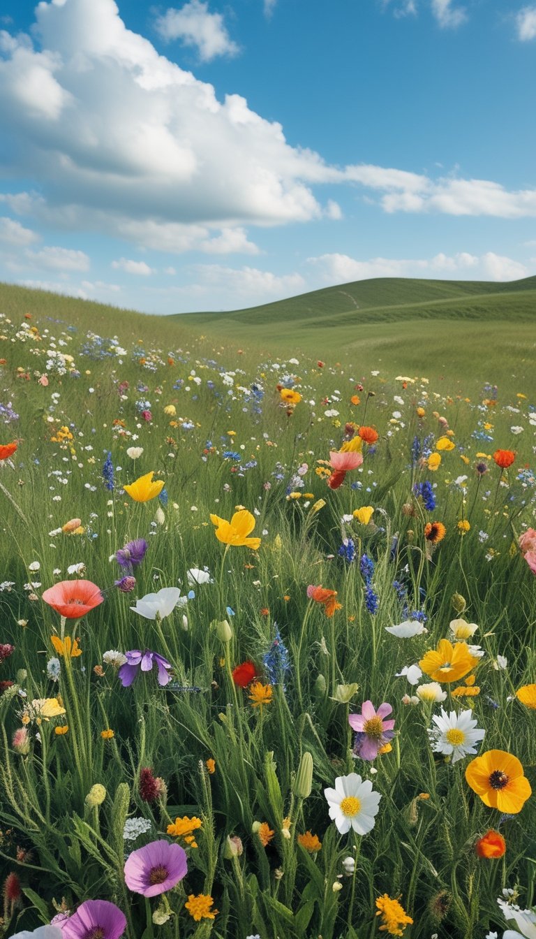 A colorful wildflower meadow with various flowers and green grass under a blue sky with white clouds.