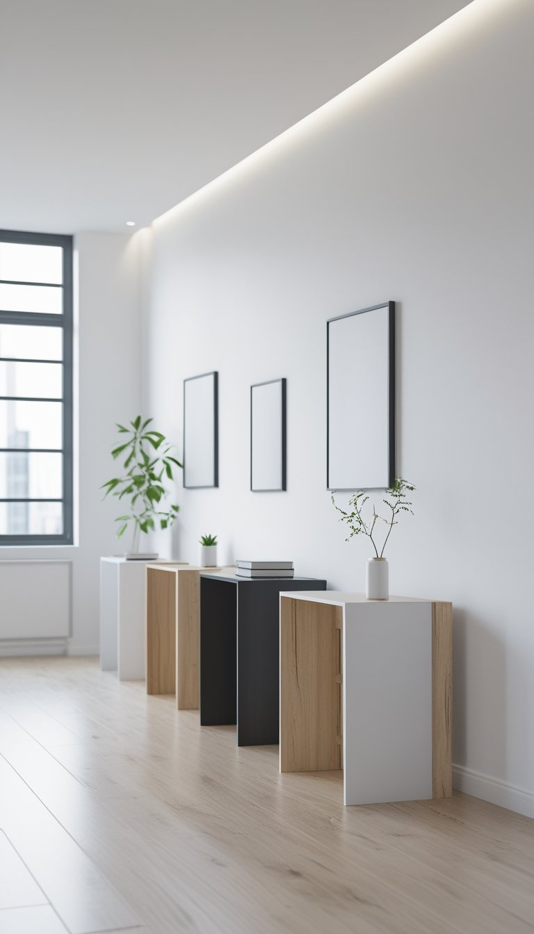 Five simple and clean console tables displayed in a bright room with minimal decoration.