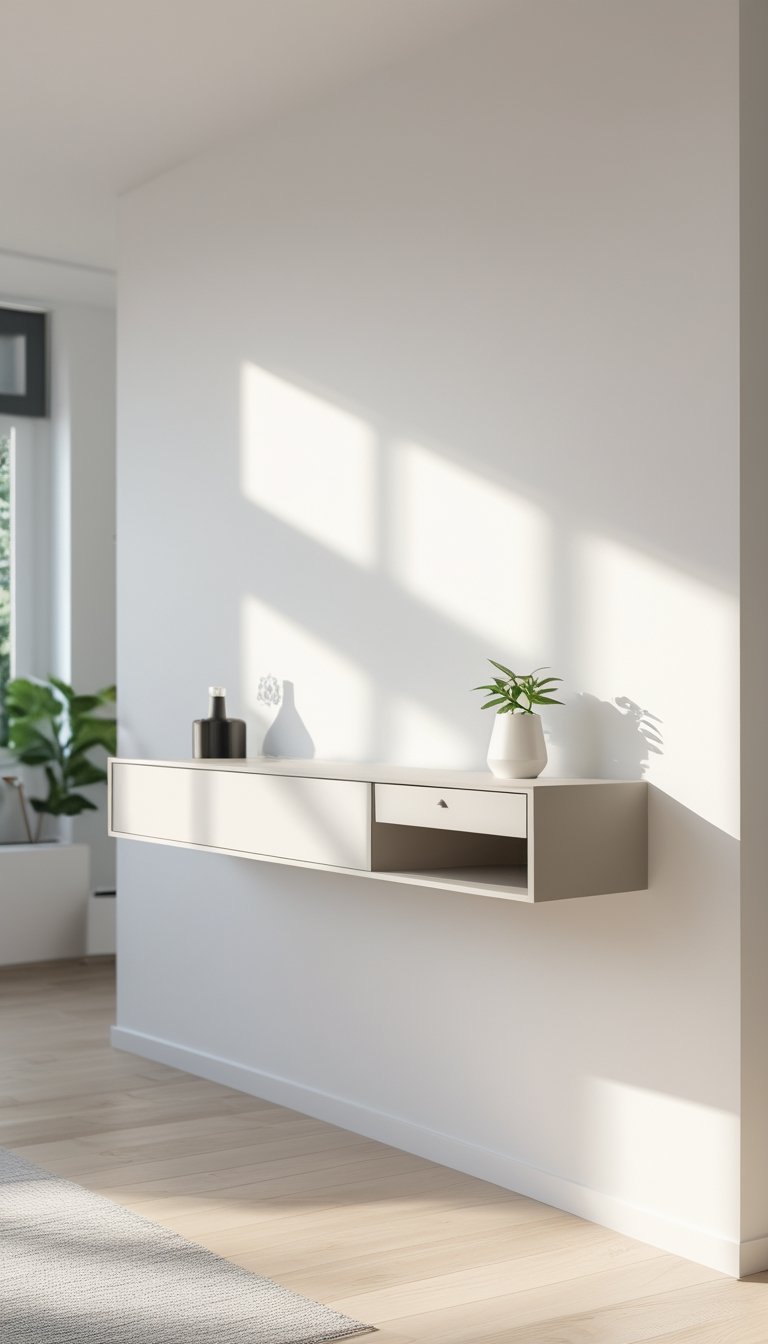 A slim floating console table with a hidden drawer mounted on a white wall in a bright, tidy room with light hardwood flooring and minimal decor.