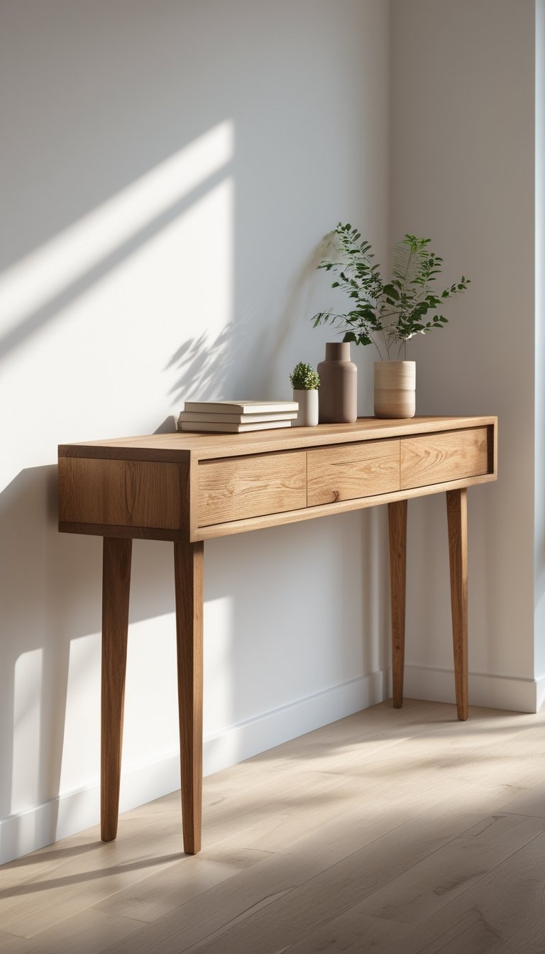 A narrow wooden console table with tapered legs in a clean, bright room with a few decorative items on top.