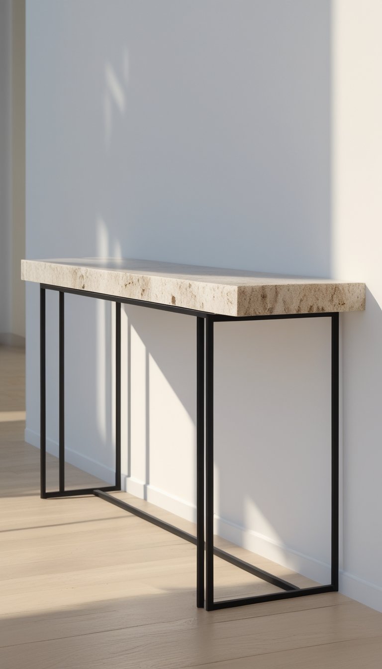 A minimalist console table with a black metal frame and a stone top against a light wall in a bright room.