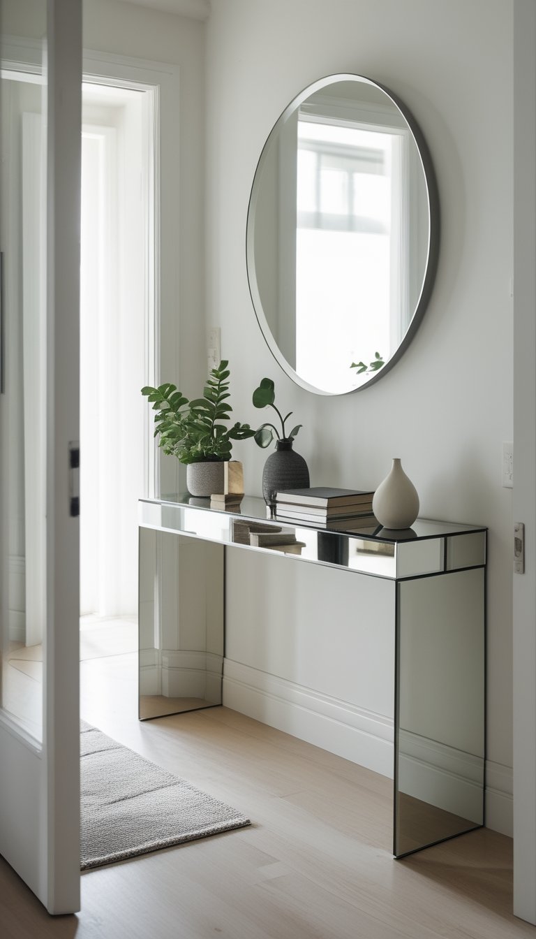 An entryway with a wall-mounted mirrored console table holding a plant, vase, and books, with a round mirror above it.