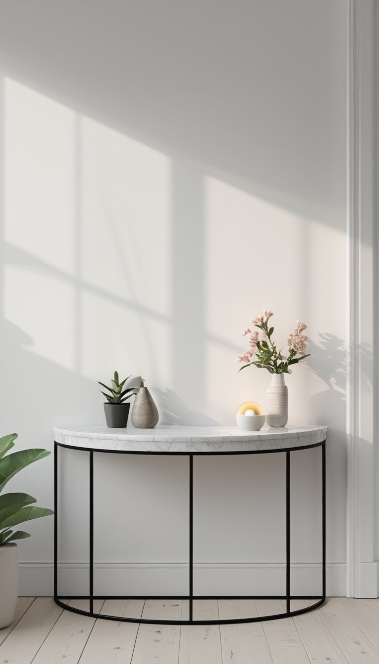 A half-moon marble console table with decorative items in a bright, uncluttered room.