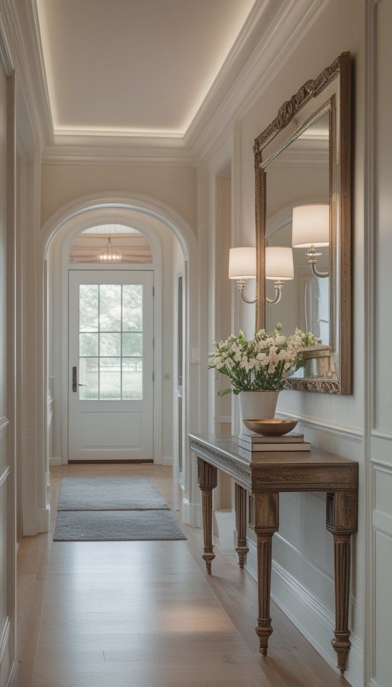 A small hallway with a console table and a large mirror above it, decorated with flowers and accessories.