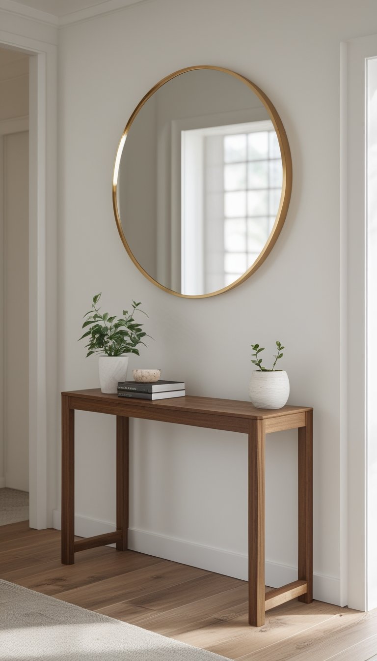 A slim walnut console table with a round brass-framed mirror hanging above it in a small hallway.