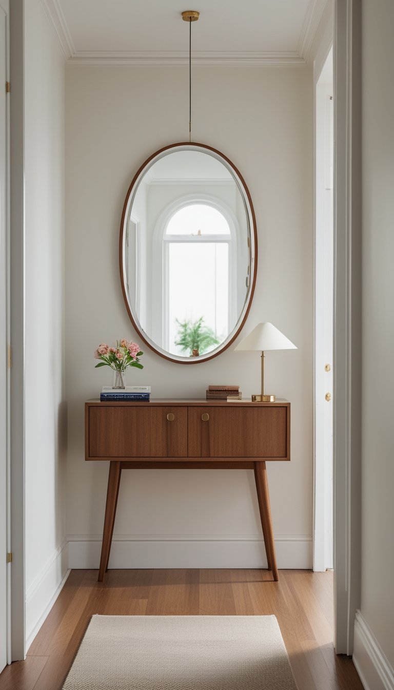 A narrow console table with an oval mirror above it in a small, well-lit hallway.