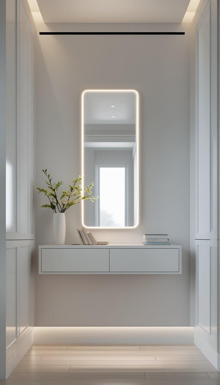 A floating white console table with a slim rectangular LED backlit mirror above it in a bright hallway.