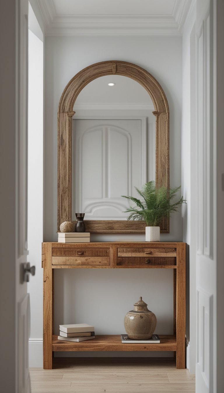 A reclaimed wood console table with decorative items below an antique arched mirror in a small hallway.