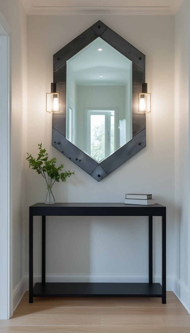 A black console table with a large metal-framed mirror above it in a small hallway.