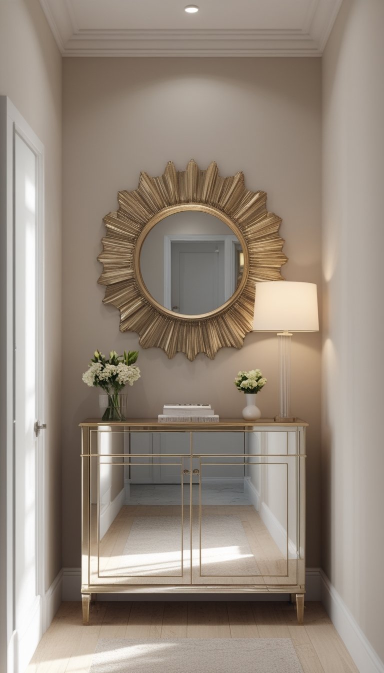 Small hallway with a mirrored-front console cabinet and a sunburst wall mirror above it.