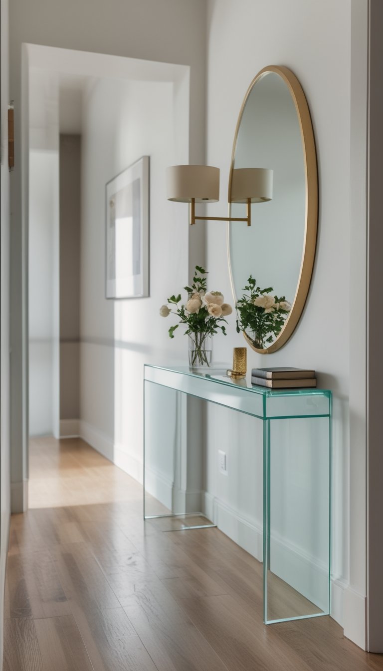 A small hallway with a glass-topped console table and a thin gold oval mirror hanging above it.