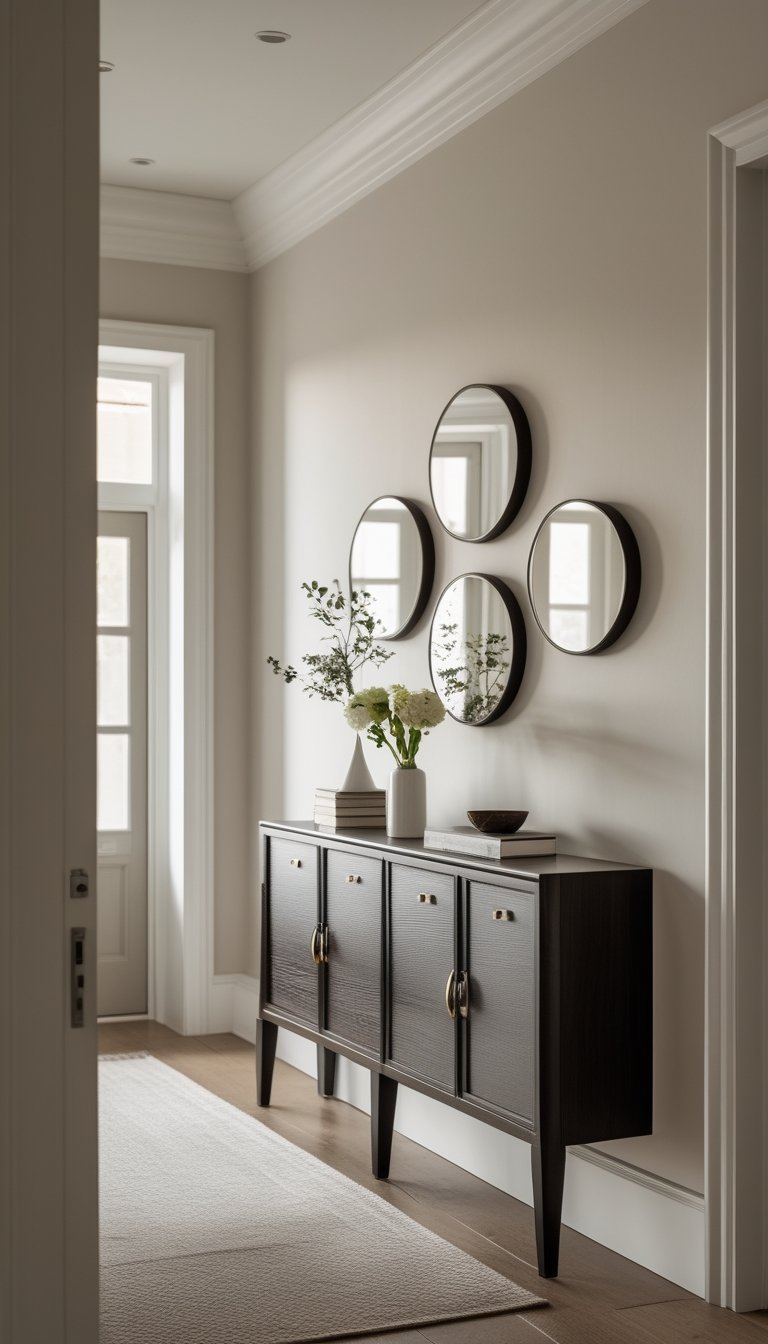 A small hallway with a console table featuring built-in drawers and three small round mirrors arranged above it.