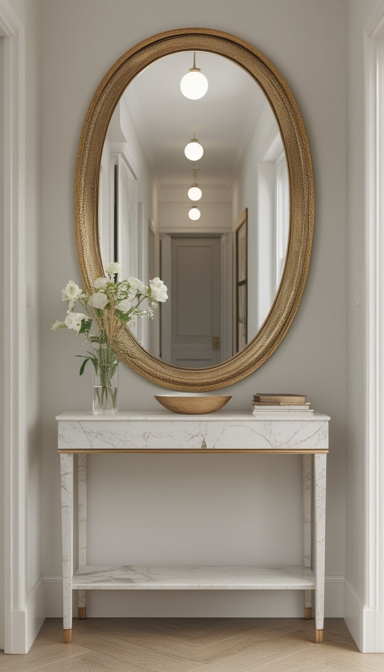 A slim marble-top console table beneath a large oval gold-framed mirror in a small hallway.