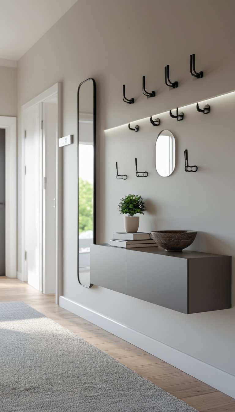 A small hallway with a wall-mounted console shelf with hooks below and a full-length slim mirror beside it.