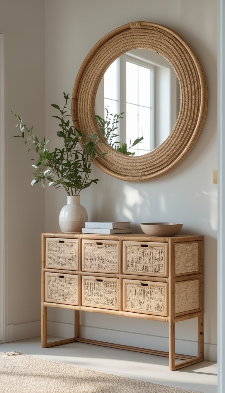 A hallway with a console table featuring rattan drawers and a large round natural woven mirror above it.