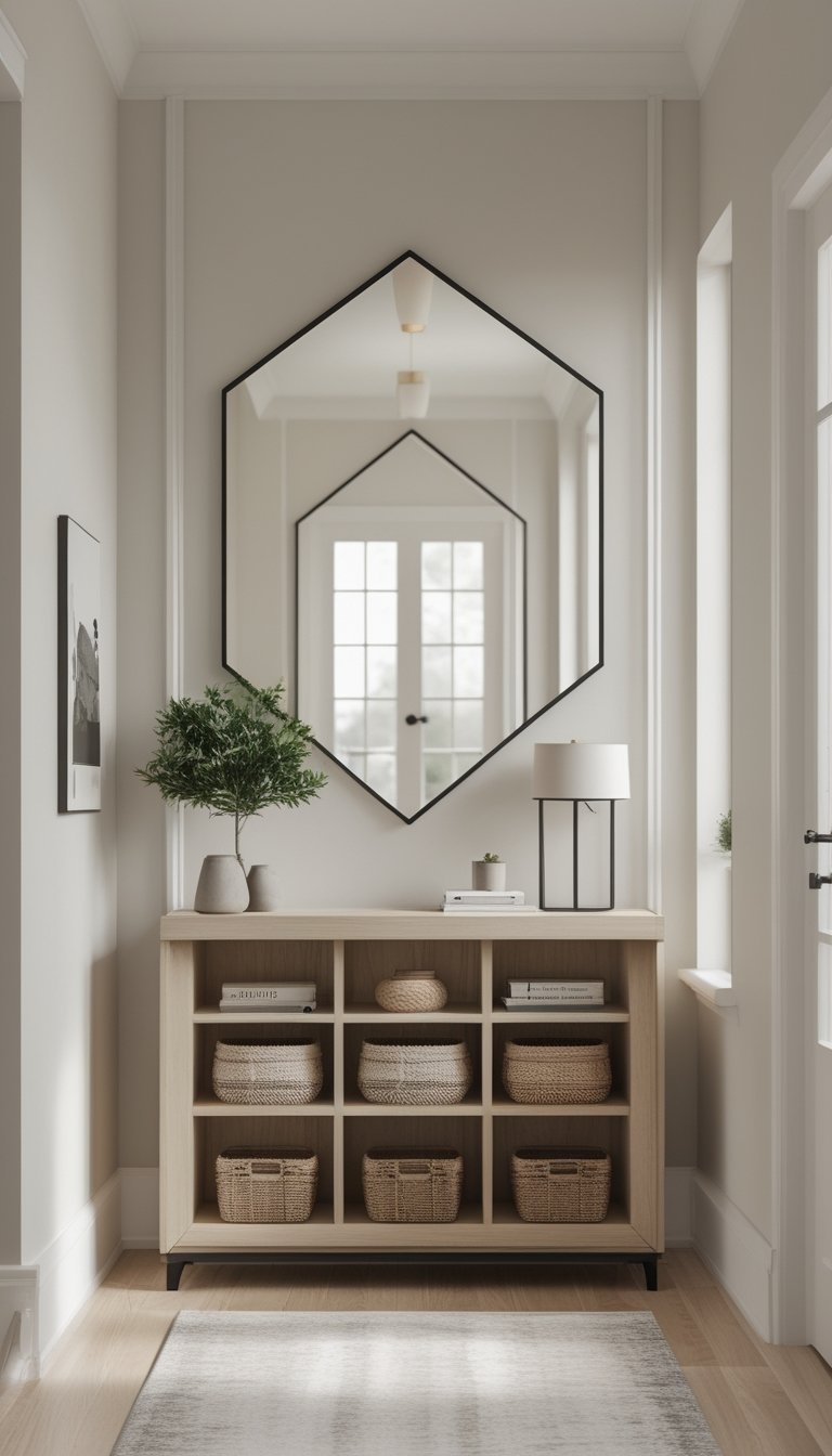 A small hallway with a wooden console table featuring cubby storage and a large hexagon mirror hanging above it.