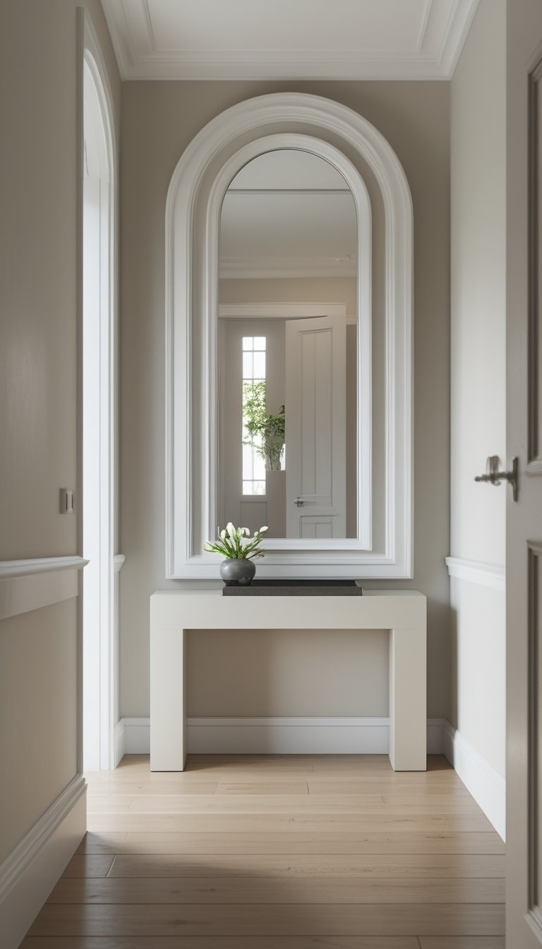 A small hallway with a console bench and a tall arched mirror leaning against the wall, bright and neatly arranged.