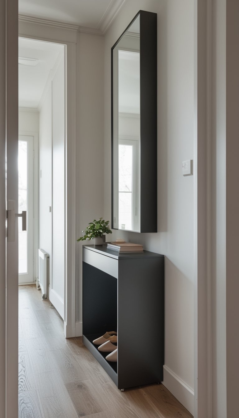 A narrow console table with hidden shoe storage and a slim vertical mirror above it in a small hallway.