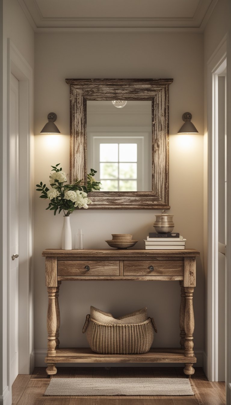 A small hallway with a wooden console table and a large mirror above it, decorated with flowers and books.