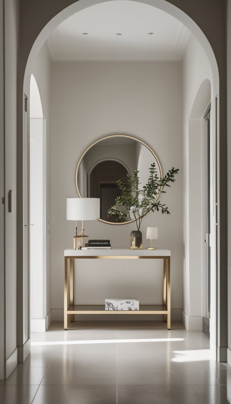 A small hallway with a console table featuring open brass shelves and a large round mirror hanging above it.