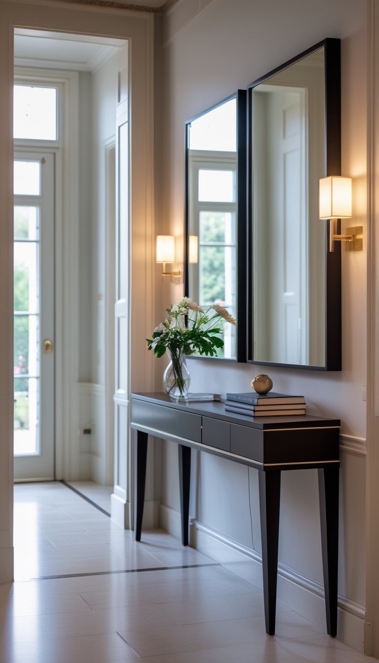 Small hallway with a console table with tapered legs and a three-panel rectangular mirror above it.