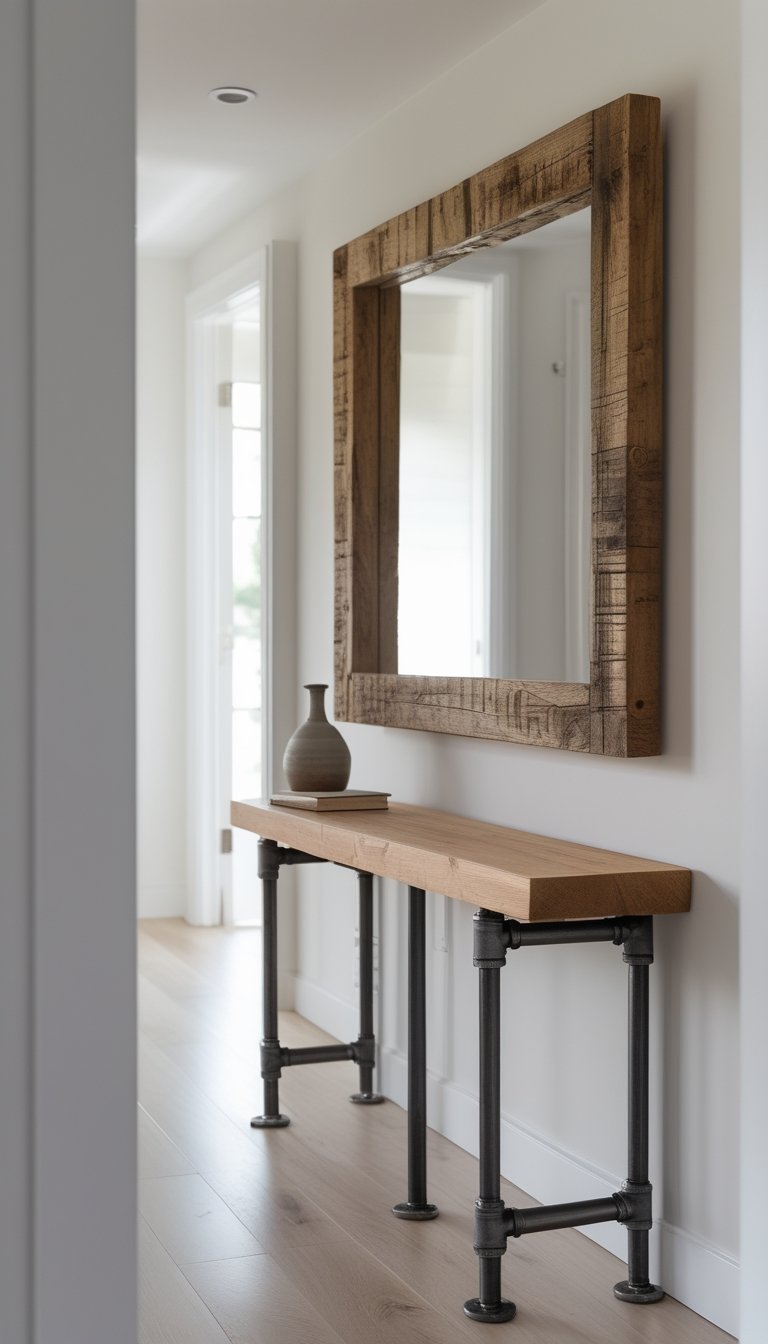 A slim industrial pipe console table with a reclaimed wood-framed mirror hanging above it in a small hallway.