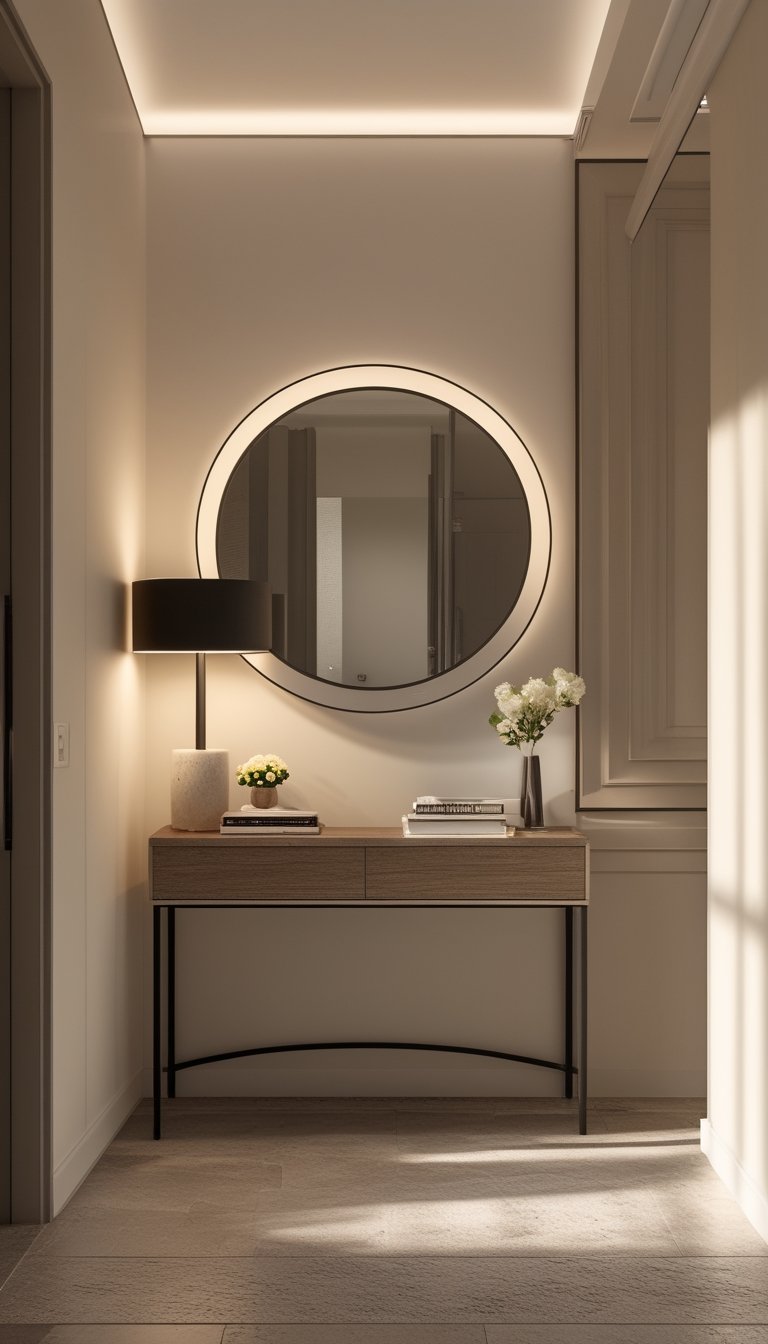 A small hallway with a console table featuring an integrated lamp and a round mirror with a thin black frame above it.