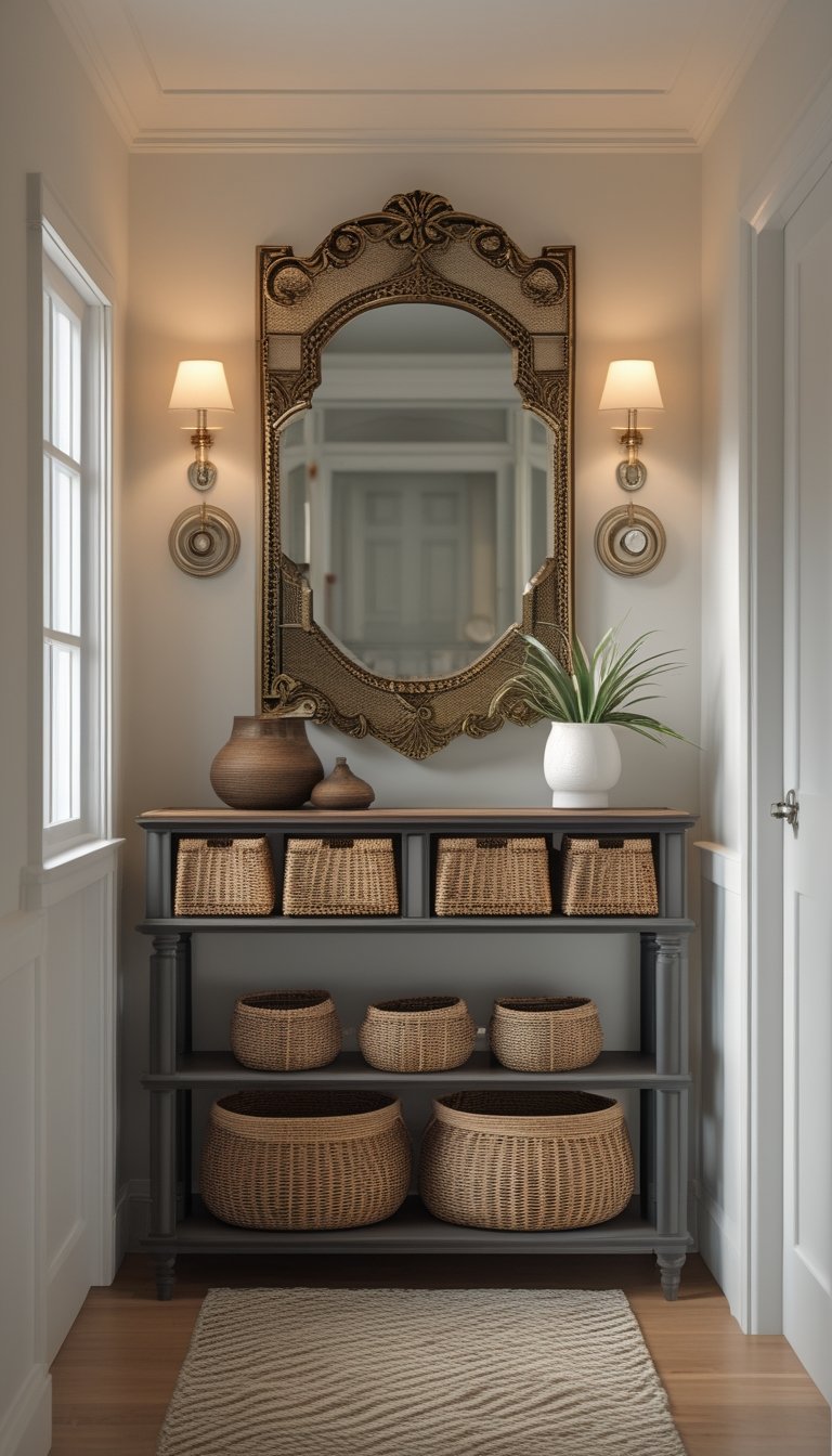 Console table with woven baskets below and a decorative Venetian mirror hanging above in a small hallway.