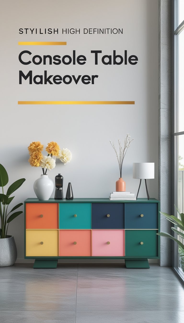 A console table painted with eight different vibrant colors, displayed in a bright room with decorative items on top.