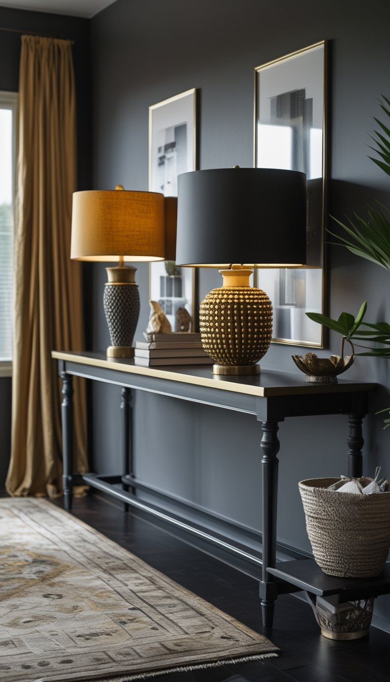 A console table decorated with a textured brass lamp and accessories in charcoal and mustard colors.