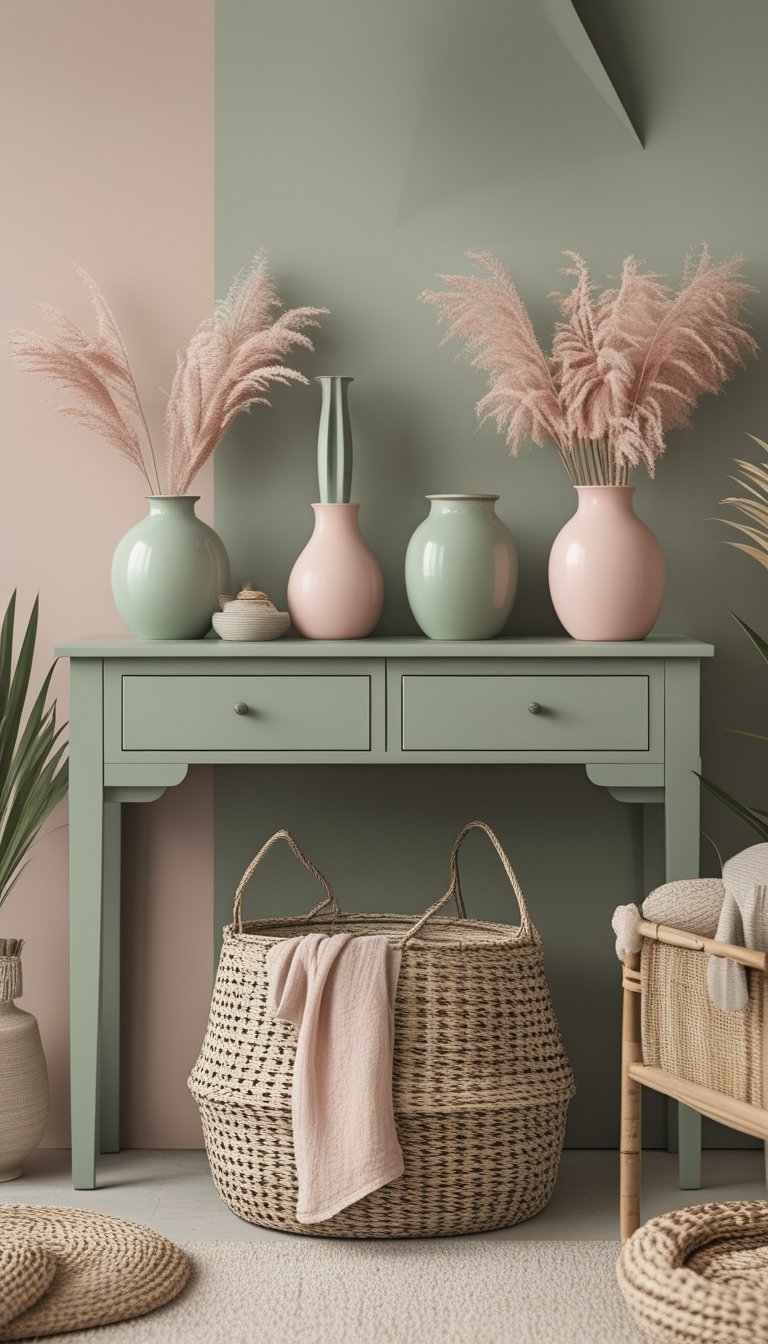 Console table decorated with sage green and blush pink items, including a woven basket underneath.