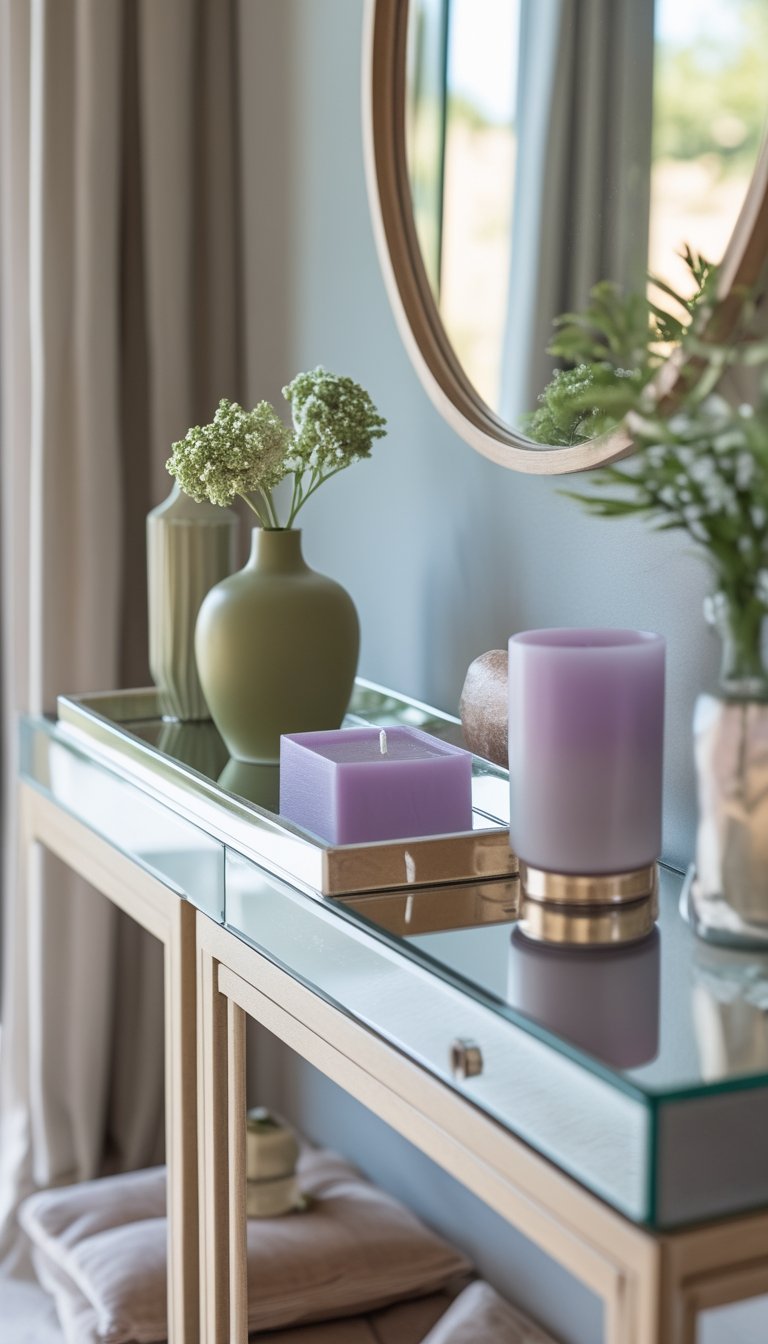 Console table with olive green and lilac decorative items arranged on a mirrored tray.