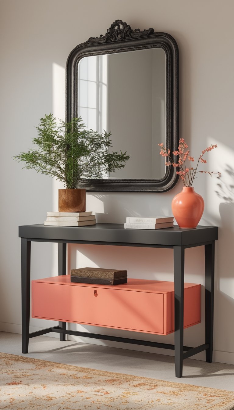 A console table with matte black and coral colors, decorated with a vintage mirror and small decorative items.