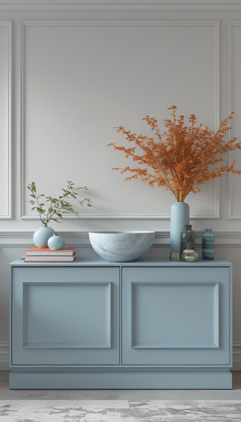 Console table decorated with a marble bowl and various decorative items in powder blue and burnt orange colors.