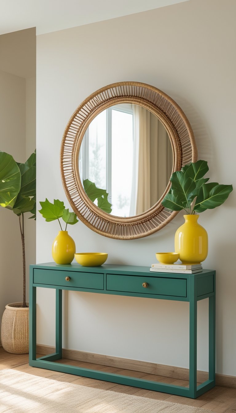 Console table painted emerald green with soft yellow decorative items and a large rattan mirror hanging above it in a bright room.